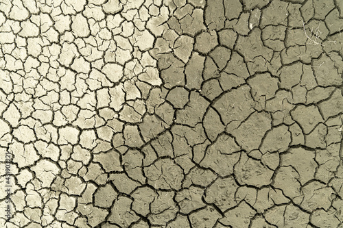 Mudflat cracked desert barren surface for natural background, layer, wallpaper, photo effect. Multicoloured drought effects of global warming