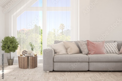 Minimalist living room in white color with sofa and summer landscape in window. Scandinavian interior design. 3D illustration