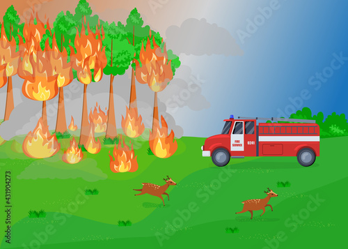 Cartoon fire service and forest fire illustration. Trees burning, firefighters in truck coming to extinguish flames, deer running away. Natural disaster, wildfire concept
