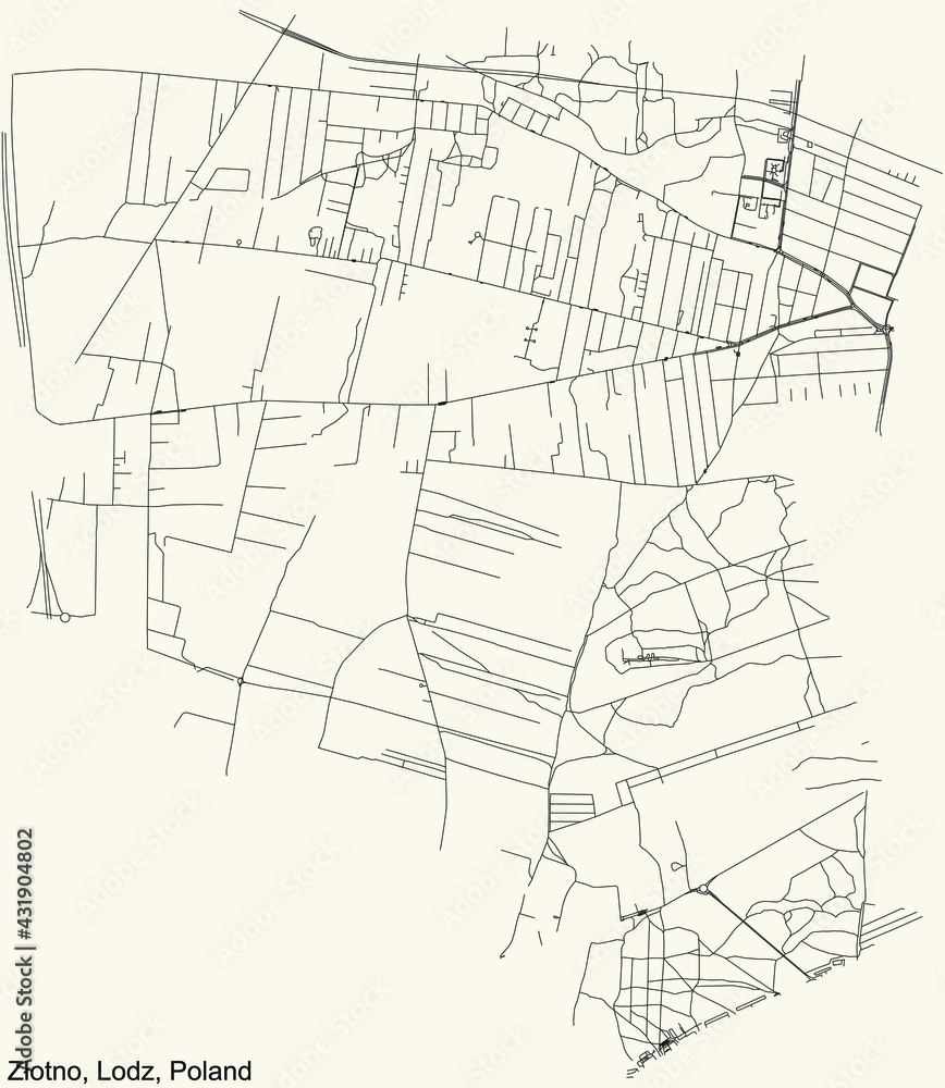 Fototapeta premium Black simple detailed street roads map on vintage beige background of the quarter Złotno district of Lodz, Poland