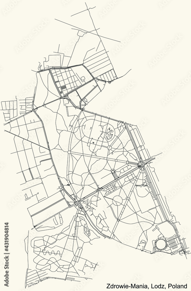 Black simple detailed street roads map on vintage beige background of the quarter Zdrowie-Mania district of Lodz, Poland