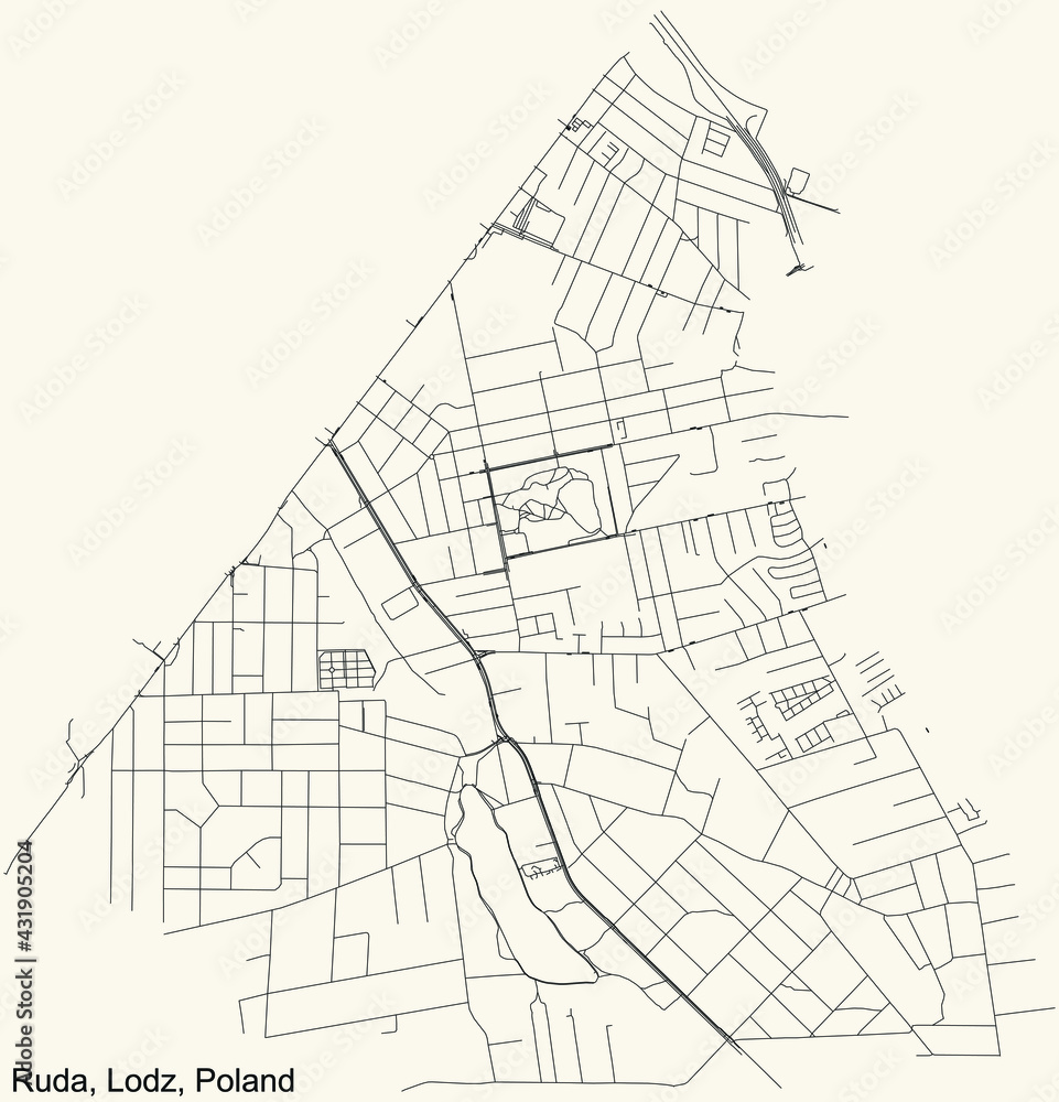 Black simple detailed street roads map on vintage beige background of the quarter Ruda district of Lodz, Poland