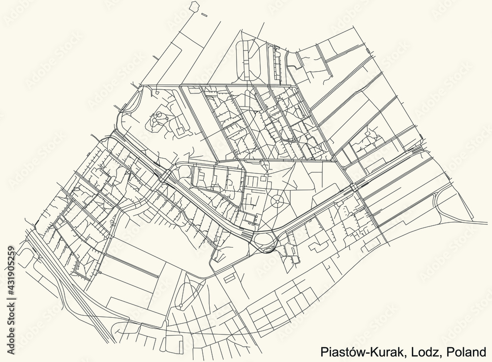 Black simple detailed street roads map on vintage beige background of the quarter Piastów-Kurak district of Lodz, Poland