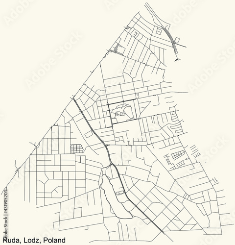 Black simple detailed street roads map on vintage beige background of the quarter Ruda district of Lodz, Poland