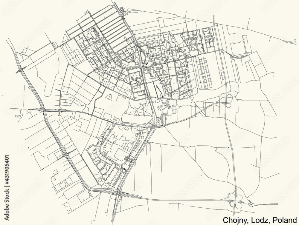 Black simple detailed street roads map on vintage beige background of the quarter Chojny district of Lodz, Poland
