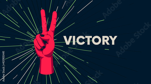 Gesture of human hand against the background of the sunburst, movement of the fingers, motivating vector poster with the slogan Victory