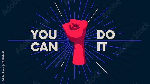 Gesture of human hand against the background of the sunburst, movement of the fingers, motivating vector poster with the slogan You can do it