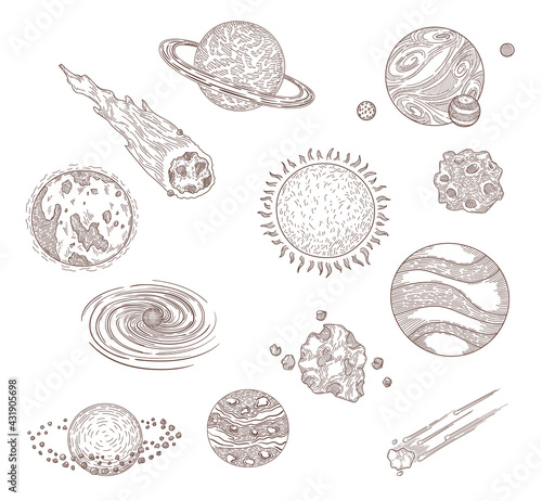 Planets, comets and meteors engraved illustrations set. Hand drawn sketch of universe or cosmos elements, solar system. Space, celestial bodies, astronomy, astrology concept