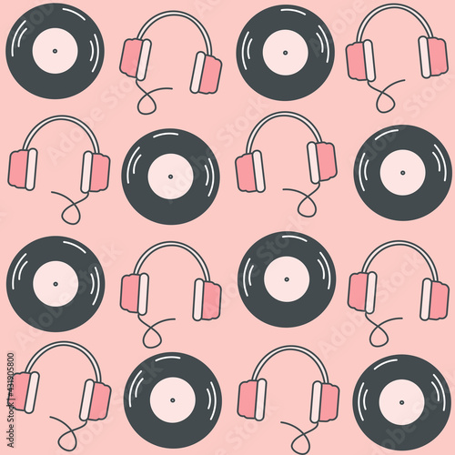 cute lovely seamless vector pattern background illustration with headphones and vinyls