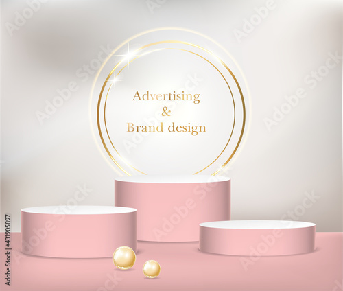 Realistic vector cylindric podium for your product design. Template contains three empty stages, light effects and pearls