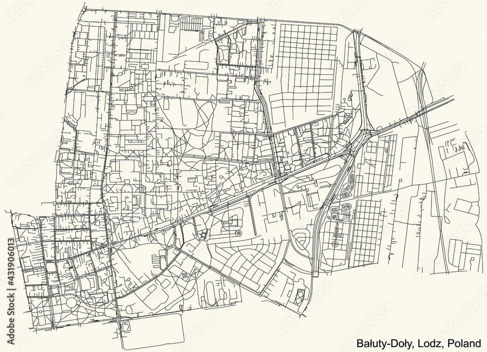 Naklejka premium Black simple detailed street roads map on vintage beige background of the quarter Bałuty-Doły district of Lodz, Poland