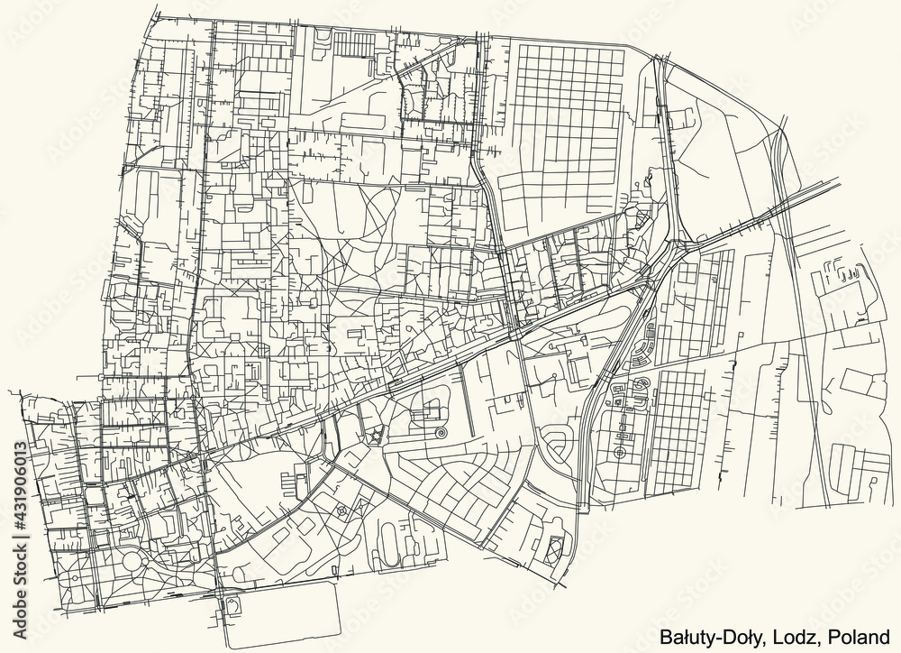 Black simple detailed street roads map on vintage beige background of the quarter Bałuty-Doły district of Lodz, Poland