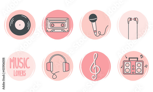 cute vector set of logo design templates, icons and badges for social media highlight with music elements	