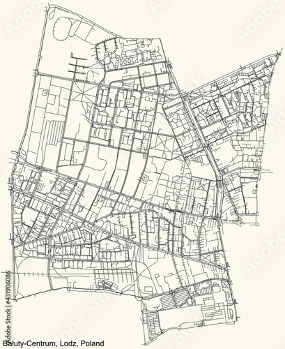Black simple detailed street roads map on vintage beige background of the quarter Bałuty-Centrum district of Lodz, Poland