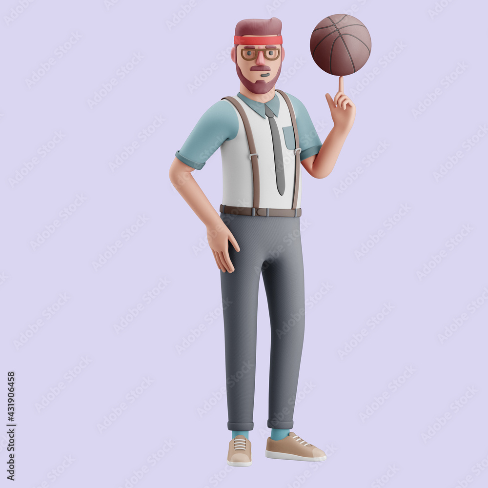Young man spinning a basketball on his finger.Mockup 3d character illustration