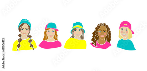 Girl smile braces drawn in cartoon style on white background. Beauty woman. Medical illustration. Healthy lifestyle. Vector hand drawing. Cute people.