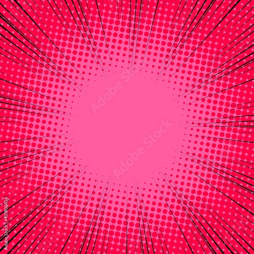 Radial Speed Line background. Vector illustration. Comic book black and pink radial lines background. Halftone.