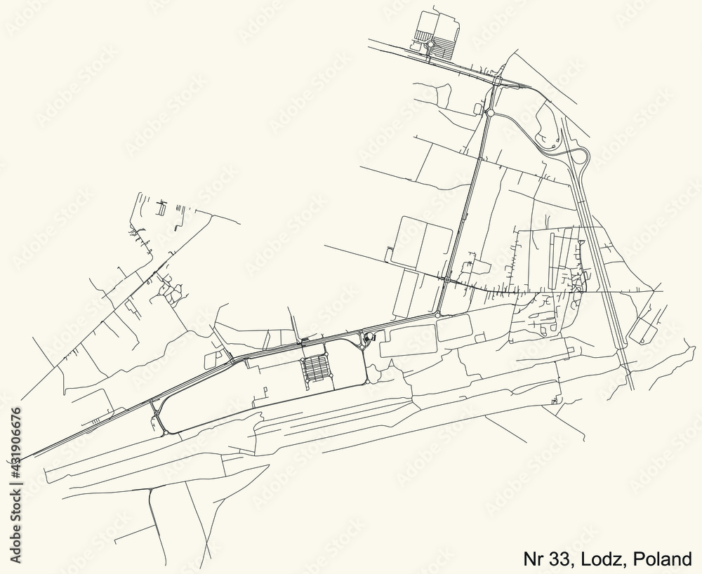 Black simple detailed street roads map on vintage beige background of the quarter Osiedle nr 33 district of Lodz, Poland