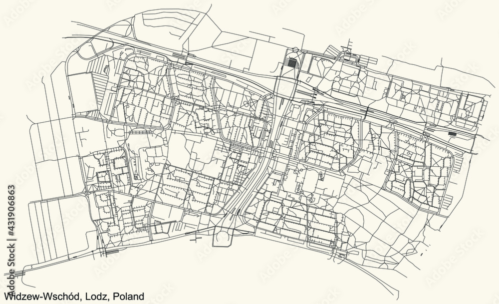 Black simple detailed street roads map on vintage beige background of the quarter Widzew-Wschód district of Lodz, Poland