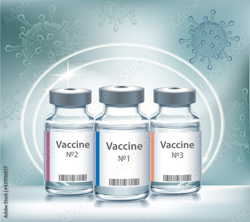 The medical concept with vaccine bottles and virus.  Transparent vector ampoule on blue background
