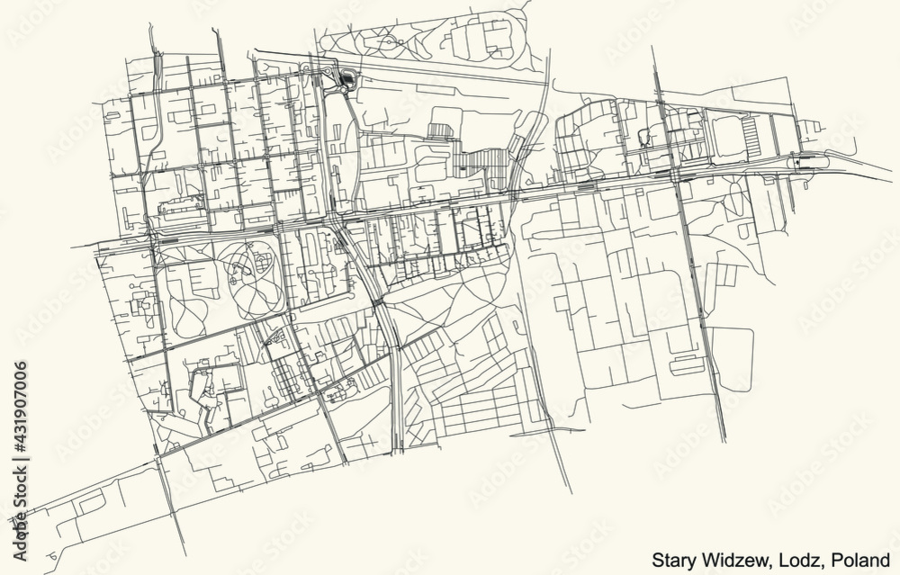 Black simple detailed street roads map on vintage beige background of the quarter Stary Widzew district of Lodz, Poland