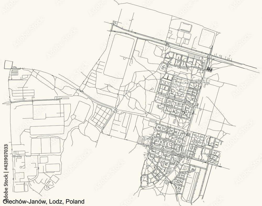 Black simple detailed street roads map on vintage beige background of the quarter Olechów-Janów district of Lodz, Poland