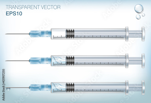Transparent vector medical syringe set. Illustration of medical syringes with needles and vaccine