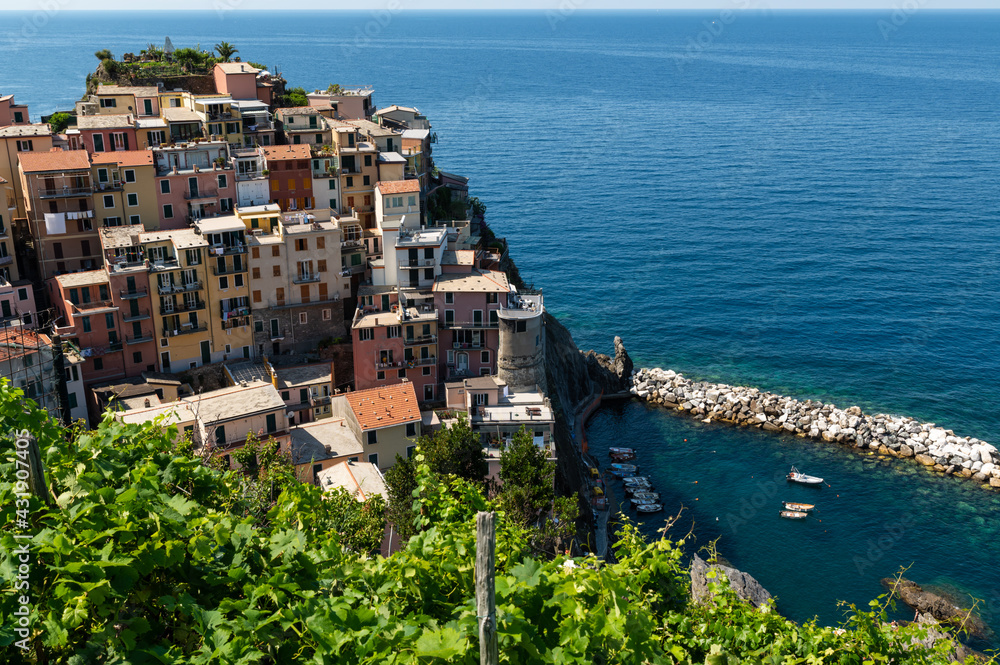 Manarola, Liguria, Italy. June 2020. Amazing view of the seaside village. The colored houses leaning on the rock near the sea are particularly fascinating and characteristic. Beautiful summer day.