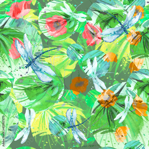 Fototapeta Naklejka Na Ścianę i Meble -  Creative seamless watercolor pattern of plants, Herbs, flowers, poppy, lily, tulip.flowers watercolor, stylish pattern. Abstract paint splash. Watercolor background. Abstract. The dragonfly flies. 