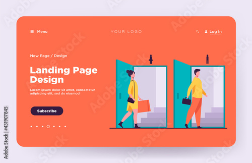 Man and woman walking through doorways for males and females. Public toilet, restroom flat vector illustration. Washroom, segregation concept for banner, website design or landing web page