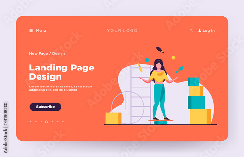 Woman balancing and juggling with skittles and balls. Gym, circus, juggler flat vector illustration. Performance and training concept for banner, website design or landing web page