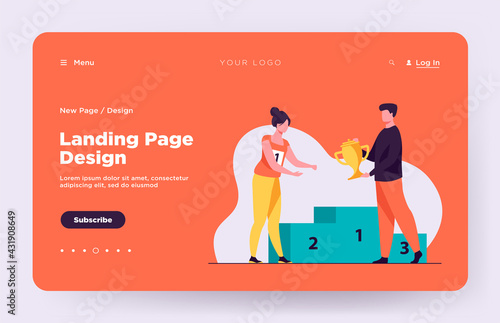 Female winner getting first prize. Man giving golden cup to woman at podium flat vector illustration. Winning, leadership, achievement concept for banner, website design or landing web page