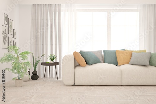 White living room with sofa. Scandinavian interior design. 3D illustration
