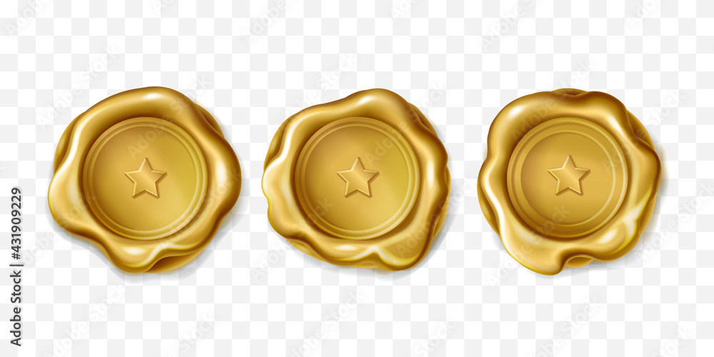 Realistic vector set of golden wax seal approval sealing. Gold elite stamp with star for letter or document. Quality guarantee blank retro postal round labels, royal insignia on transparent background Realistic vector set of golden wax seal approval sealing. Gold elite stamp with star for letter or document. Quality guarantee blank retro postal round labels, royal insignia on transparent background