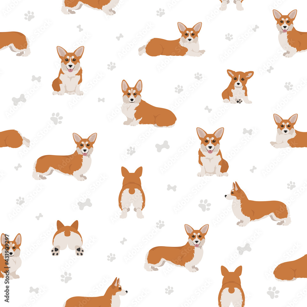 Welsh corgi pembroke seamless pattern. Different poses, coat colors set. Welsh corgi pembroke seamless pattern. Different poses, coat colors set.