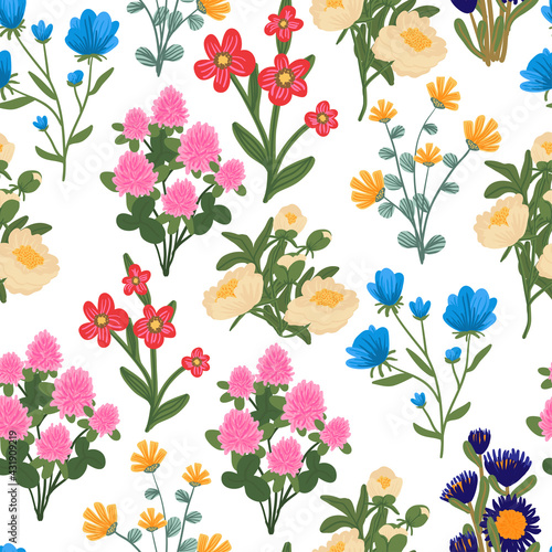 Fototapeta Naklejka Na Ścianę i Meble -  Spring flowers print. Blooming midsummer meadow vector seamless pattern. Plant background for fashion, wallpapers, wrap. Different flowers on the field. Liberty style millefleurs. Floral design