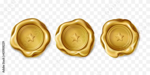 Realistic vector set of golden wax seal approval sealing. Gold elite stamp with star for letter or document. Quality guarantee blank retro postal round labels, royal insignia on transparent background