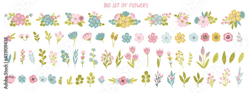Big set of whimsical hand drawn meadow flowers, flower bouquets, floral branches for fairytale baby and nursery cards, banners, stationery design.