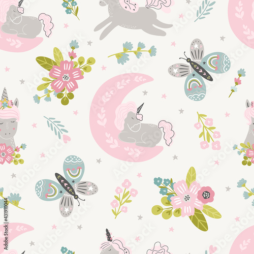 Unicorn Meadow digital paper  unicorn seamless pattern for kids and baby products  fabric  textile  stationery  wallpaper  gift wrapping.