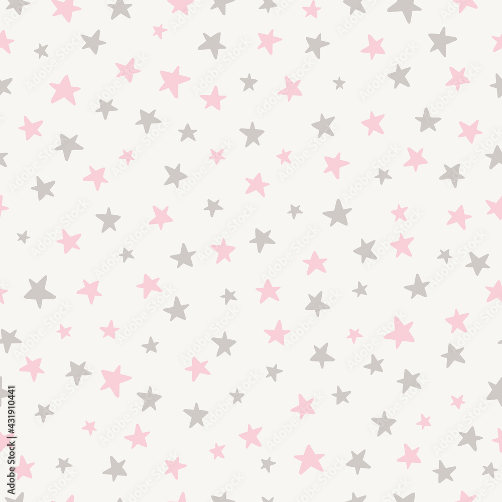 Simple stars seamless pattern design, repeating baby and nursery background for fabric, textile, wallpaper, wrapping paper. Pink and grey hand drawn vector stars Simple stars seamless pattern design, repeating baby and nursery background for fabric, textile, wallpaper, wrapping paper. Pink and grey hand drawn vector stars