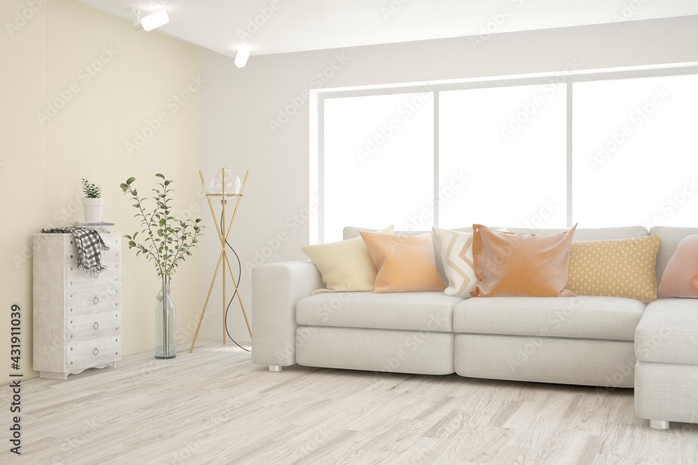 Fototapeta premium White living room with sofa. Scandinavian interior design. 3D illustration