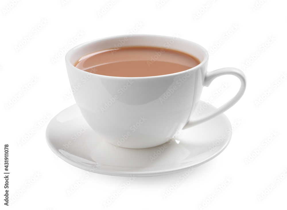 Delicious tea with milk on white background Delicious tea with milk on white background