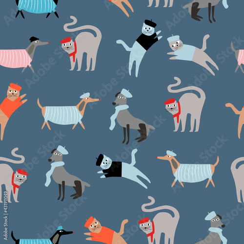 Seamless pattern of stylishly dressed dogs and cats with french hats and clothes. Cute and funny vector illustration 