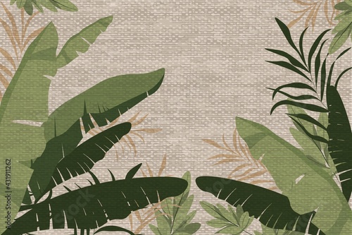 Botanical background of tropical banana leaves, green plants, beige branches. Natural pattern for decorating leaflets, printing on paper, stationery, banners, linen-textured wallpaper.