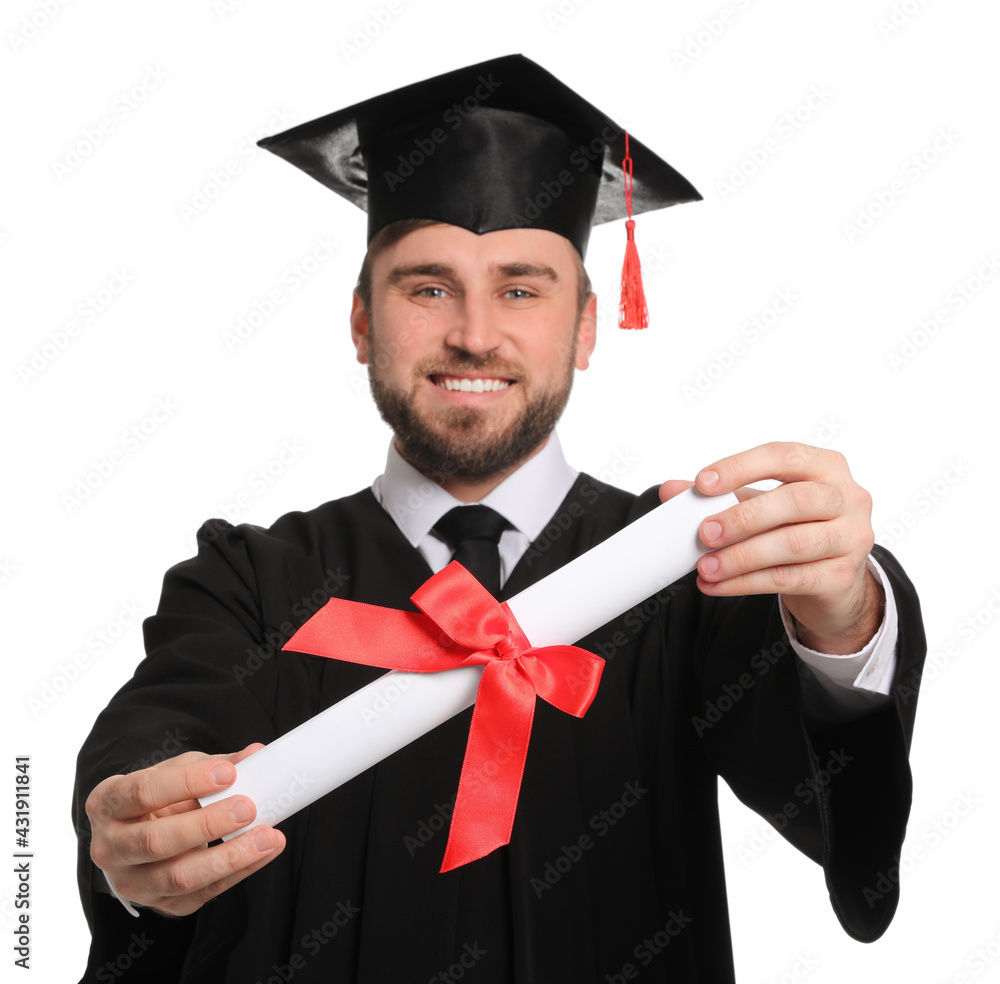 Happy student with graduation hat against white background, focus on diploma