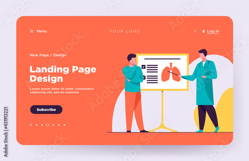 Doctor telling about lungs to patient. Lecture, disease, respiration flat vector illustration. Medicine and healthcare concept for banner, website design or landing web page