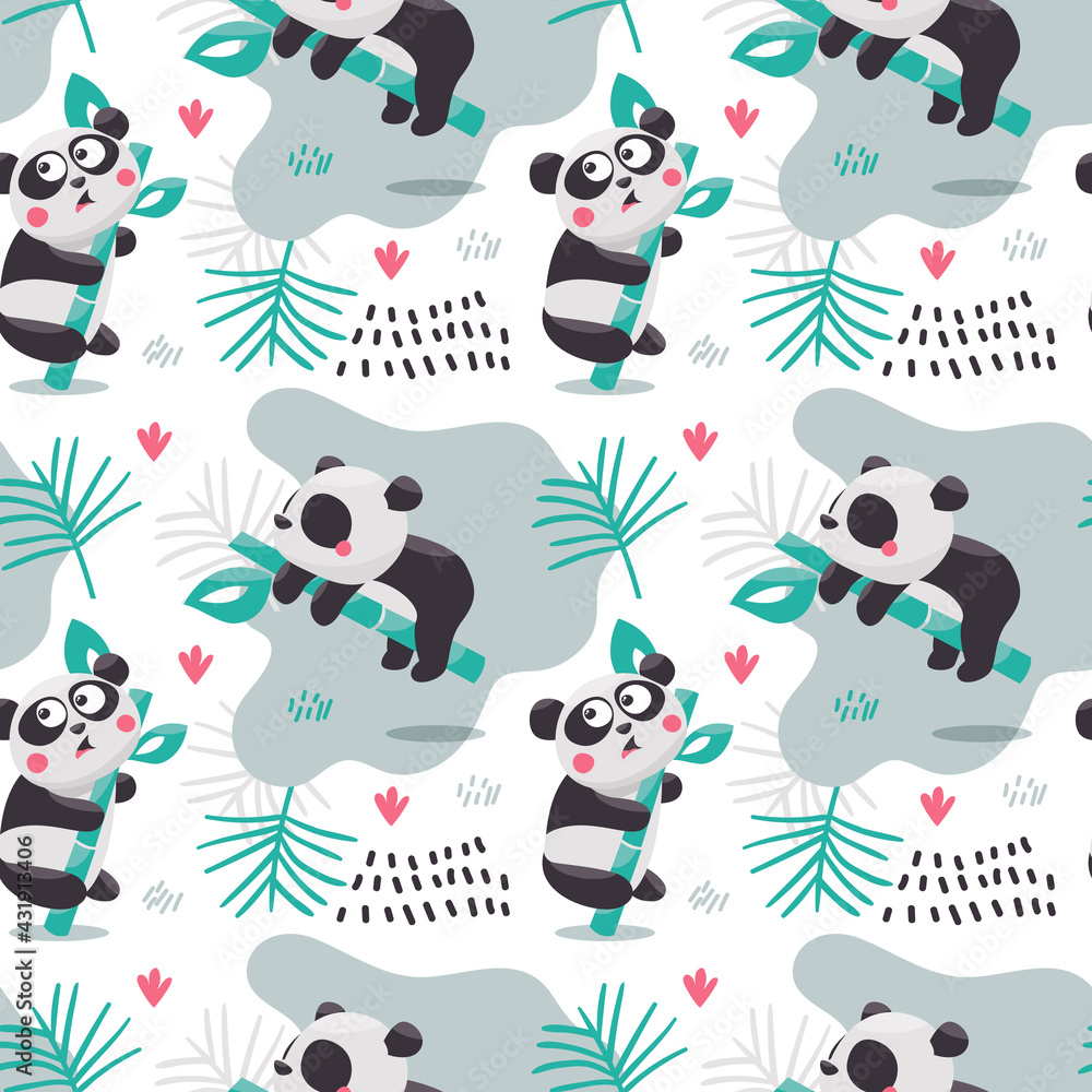 Seamless cute cartoon vector pattern with Panda Bears on bamboo branches, leaves and plants Seamless cute cartoon vector pattern with Panda Bears on bamboo branches, leaves and plants