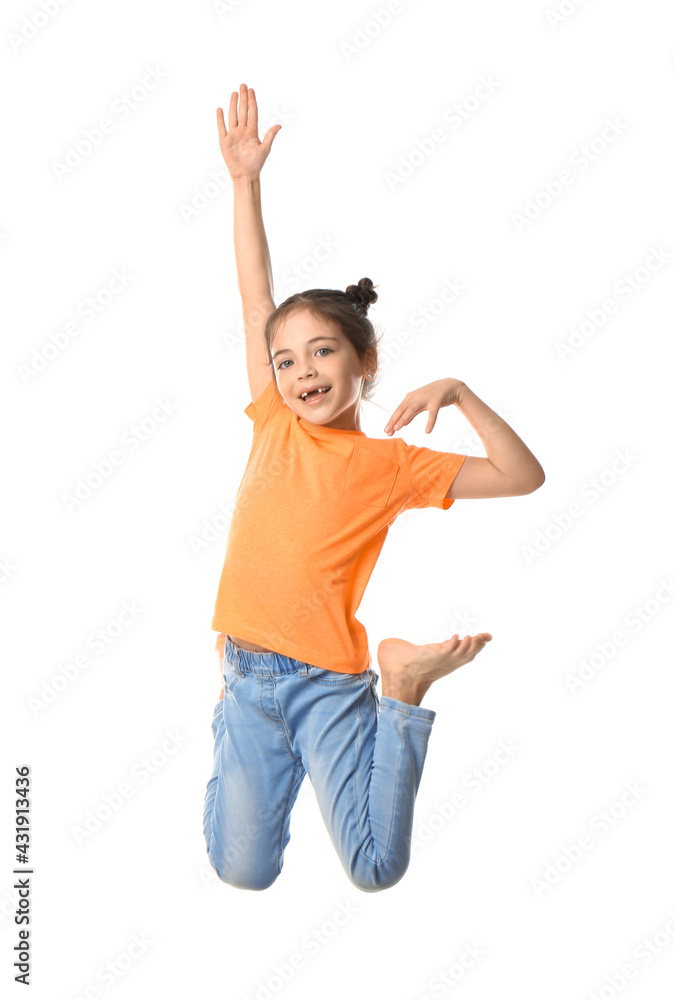 Cute little girl jumping on white background Cute little girl jumping on white background