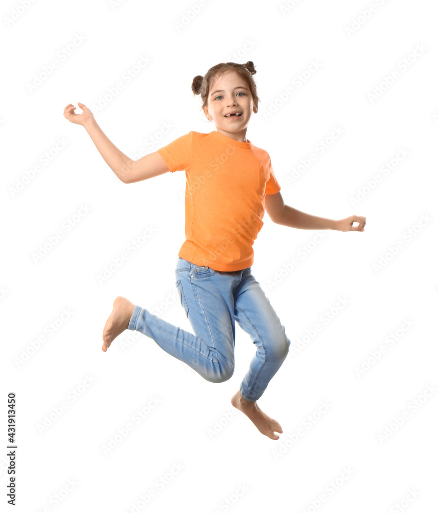 Cute little girl jumping on white background Cute little girl jumping on white background