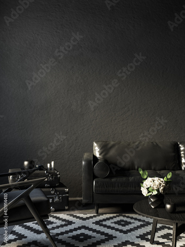 Fotografie, Obraz Black room interior with leather sofa and decor